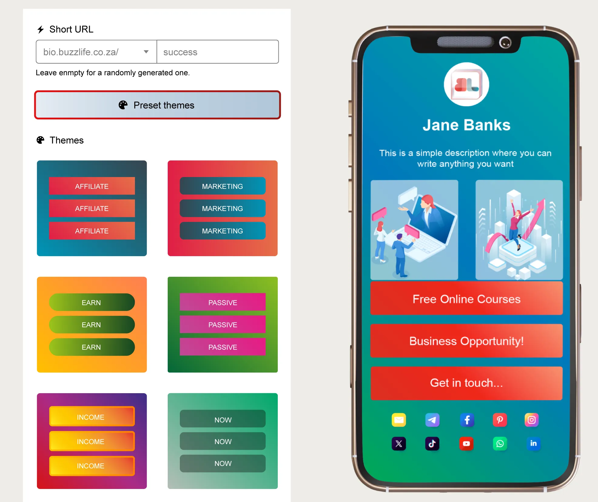 Screenshot of the app biolink editing page